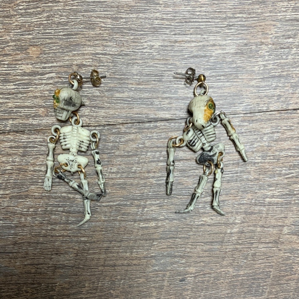 Skeleton Earrings in Cream and Gold with Green Eyes